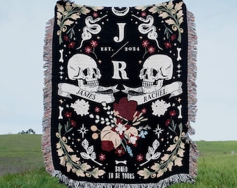 His And Hers Skulls Personalized Blanket Custom Skull Couple Blanket Gothic Love Throw with Names & Date Gothic Dark Macabre Witch Spooky