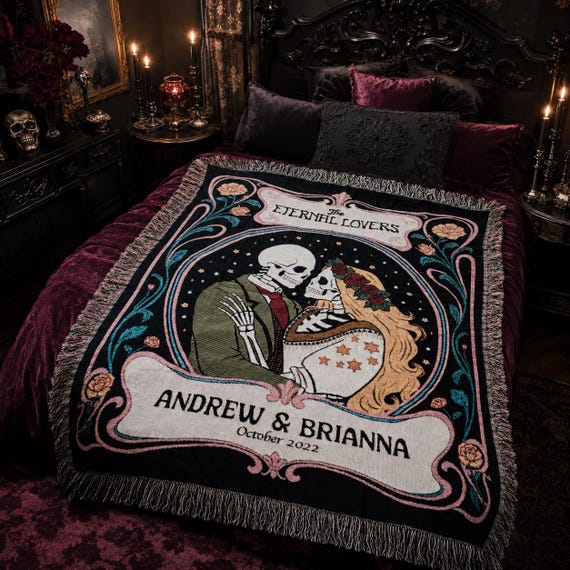 Personalized Art Nouveau Skeleton Blanket, The Eternal Lovers Blanket, Gothic Couple Gift, Custom Couple Woven Blanket, Anniversary Gift