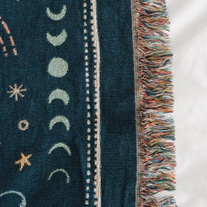 May include: A dark blue woven throw blanket with a fringe border. The blanket features a pattern of stars, moons, and other celestial designs.