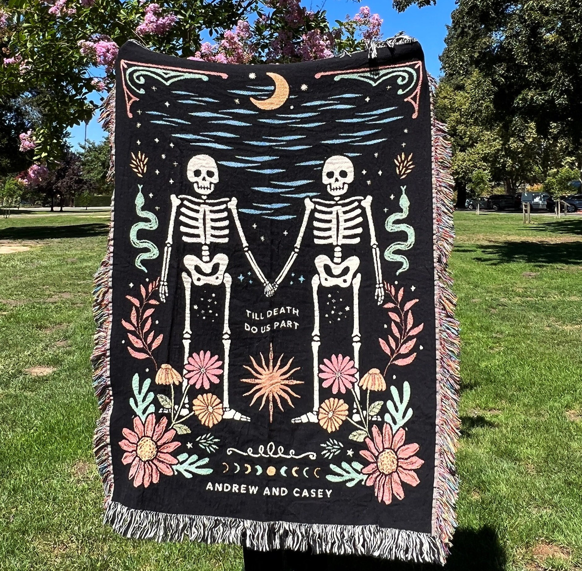 New Custom Couple Personalized Skeleton Woven Blanket For Couples Custom Goth Spooky Halloween Gifts Skeletons