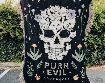 Coperta da lancio in tessuto malvagio con teschio di gatto, stagione spettrale, decorazione di Halloween, tiro gotico, idee regalo a tema gotico, decorazione gotica