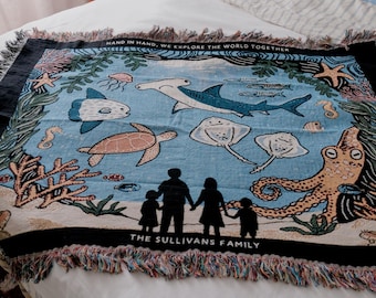 Gepersonaliseerde aquarium familiedeken, oceaan familiecadeau, aquariumliefhebber deken, aangepaste familie geweven deken, decor onderwateravontuur