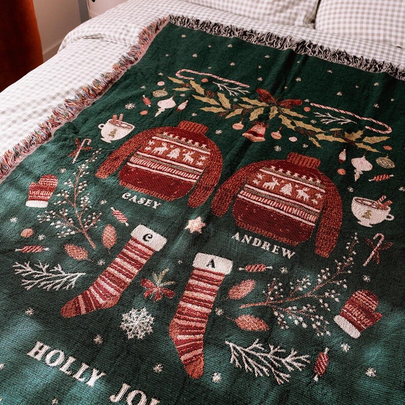 Personalized Christmas Sweater Couple Woven Blanket Cute Custom Couple Christmas Home Decor Personalized Throw Blanket With Names & Initials image 2