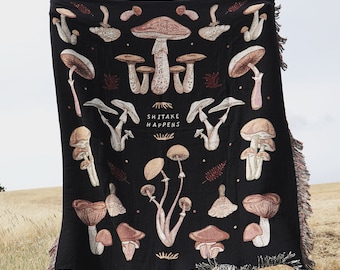 Shitake Happens Mushroom Fungi Woven Throw Blanket | Cottagecore | Mushroom Lover Gift Ideas Birthday Gift Living Room Decor