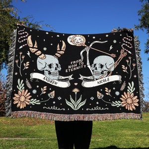 New Custom Couple Personalized Zodiac Skeleton Woven Blanket For Couples | Custom Astrology Couple Gifts Zodiac Couple Gifts With Skeletons