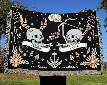 New Custom Couple Personalized Zodiac Skeleton Woven Blanket For Couples | Custom Astrology Couple Gifts Zodiac Couple Gifts With Skeletons