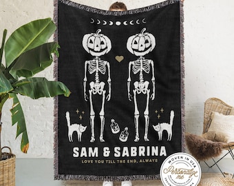 Custom Spooky Couple Woven Throw Blanket | Personalized Blanket For Couple | Wedding Gift Cotton Anniversary Gifts For Husband Gift For Wife