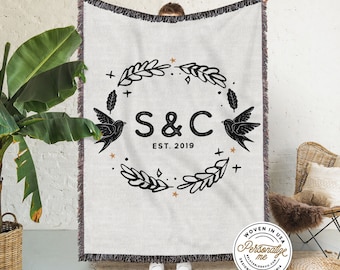 Custom Personalized Monogram Woven Throw Blanket | Custom Blanket With Couples Initials | Cotton Anniversary Gift Wedding Gift For Parents