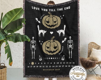 Custom Spooky Couple Woven Throw Blanket | Personalized Blanket For Couple | Wedding Gift Cotton Anniversary Gifts For Husband Gift For Wife