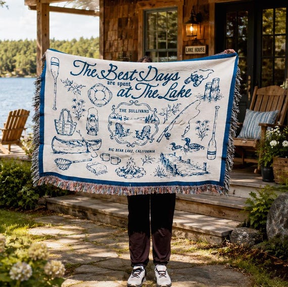 Personalized Lake House Blanket, Custom Family Name Lake House Decor, Lake Cabin Gift, Lake Life Woven Blanket, Cottage Housewarming Gift