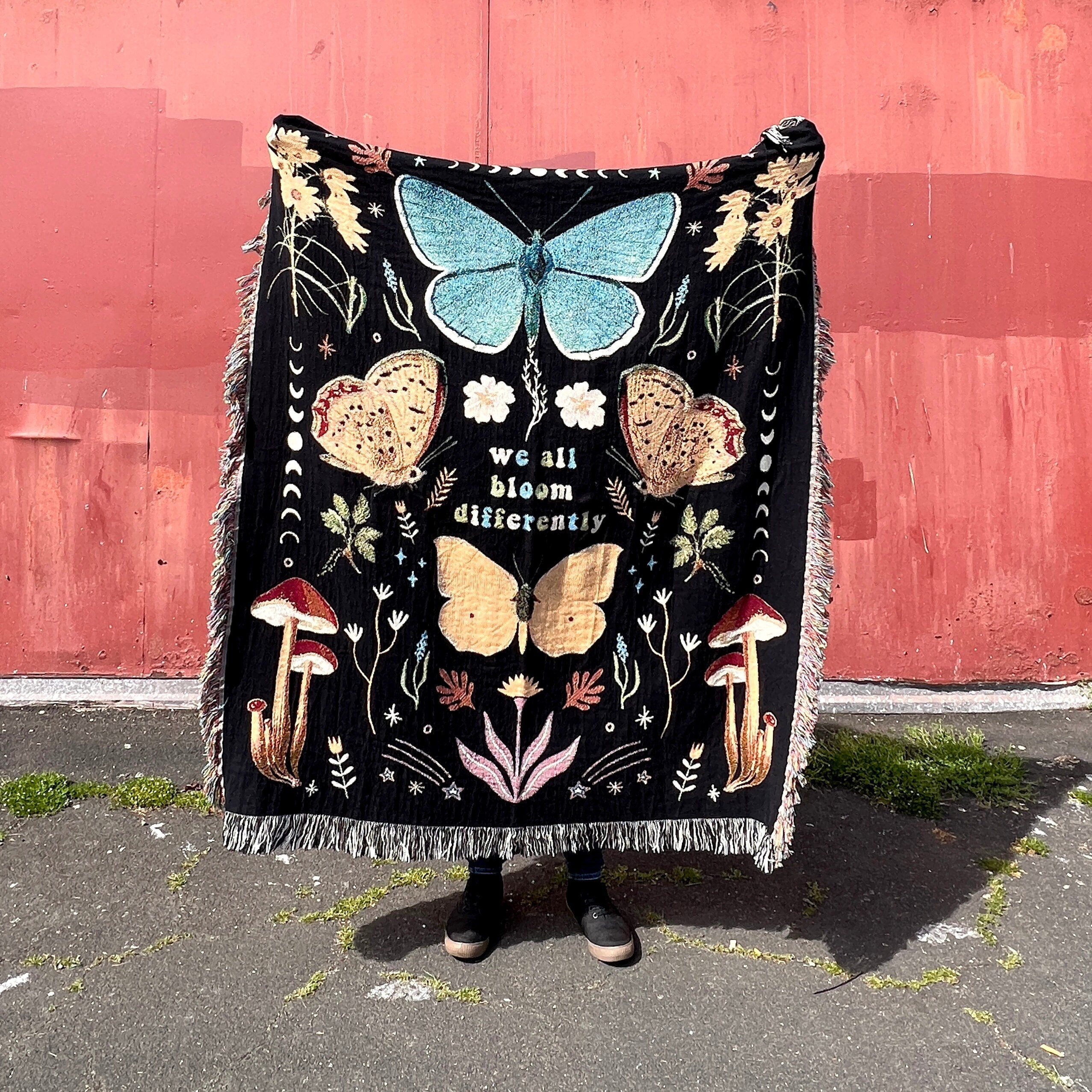 Couverture Tissée Aux Champignons Et Fleurs | Cottagecore Idées Cadeaux Pour Les Amoureux Des Champignons, Couverture À Motif Papillon Champignon