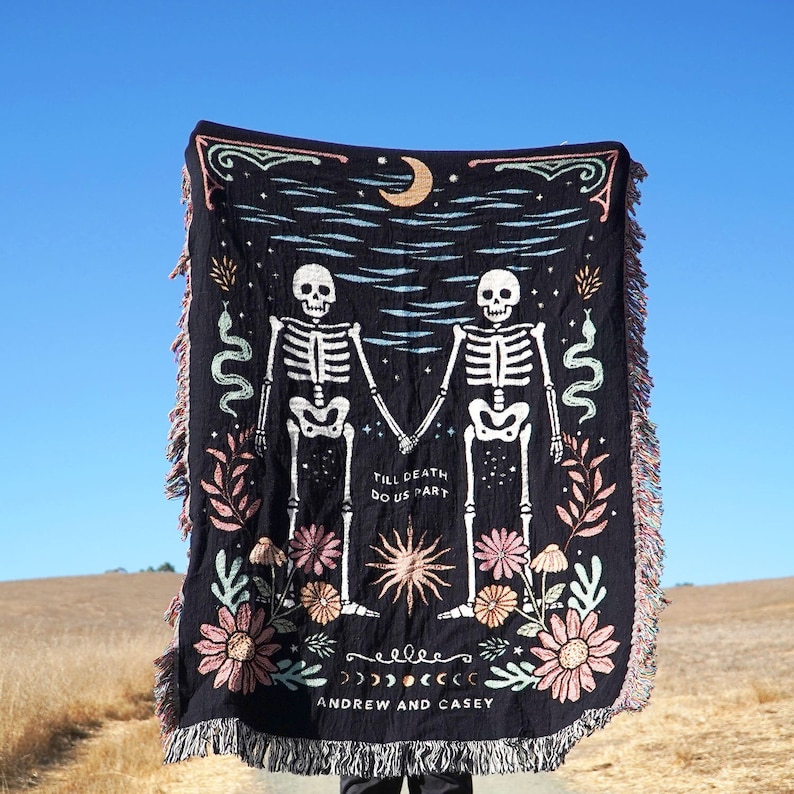 New Custom Couple Personalized Skeleton Woven Blanket For Couples Custom Goth Spooky Halloween Gifts Skeletons image 1