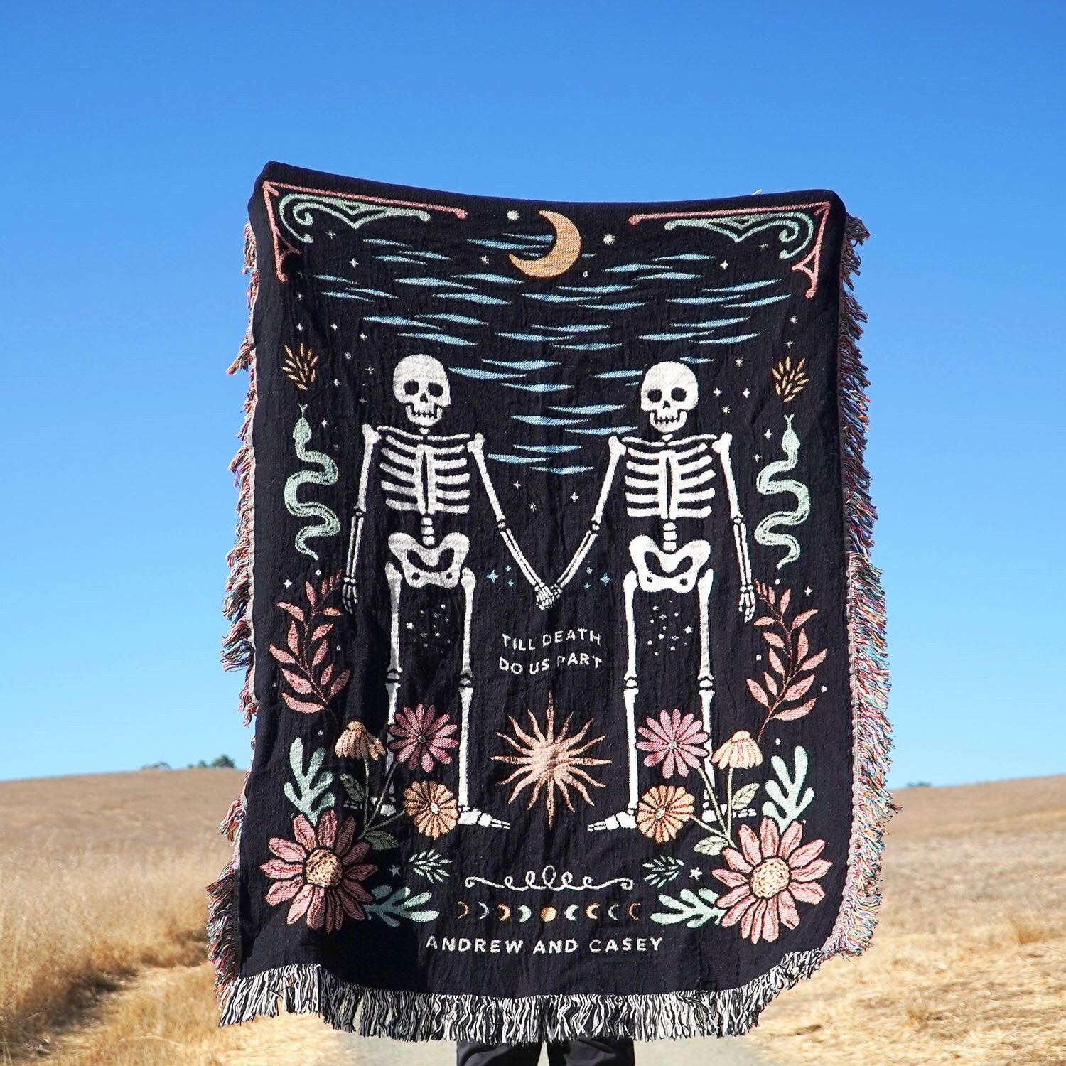 New Custom Couple Personalized Skeleton Woven Blanket For Couples Custom Goth Spooky Halloween Gifts Skeletons