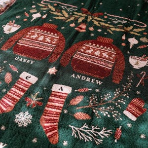 Personalized Christmas Sweater Couple Woven Blanket Cute Custom Couple Christmas Home Decor Personalized Throw Blanket With Names & Initials image 4