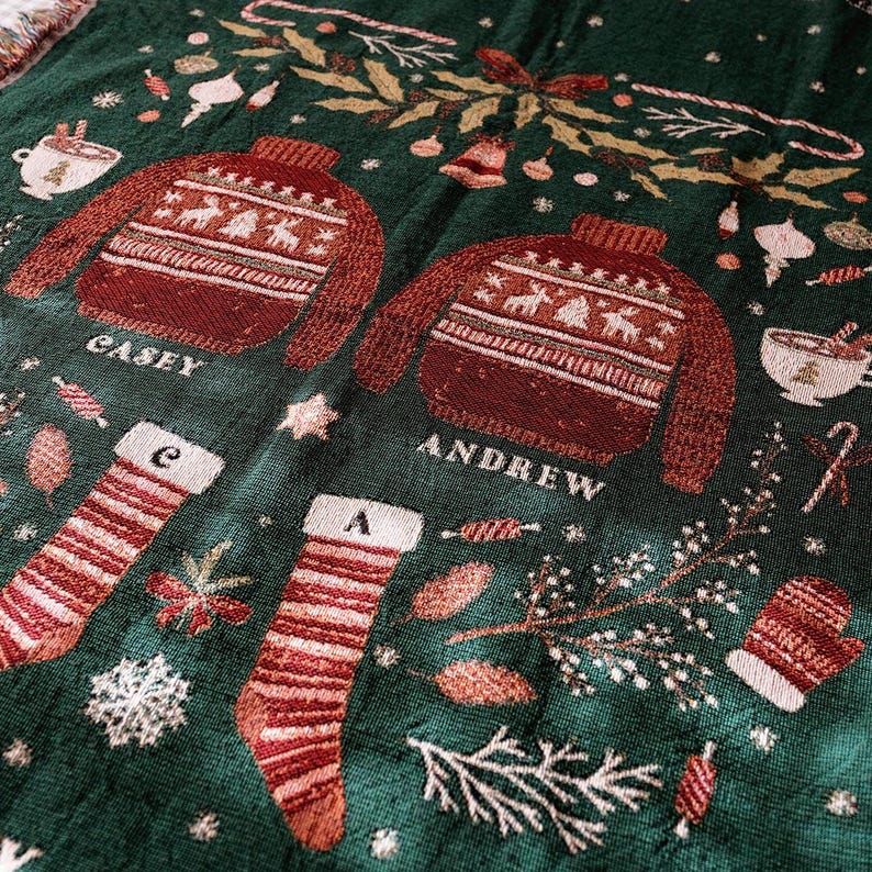 Personalized Christmas Sweater Couple Woven Blanket Cute Custom Couple Christmas Home Decor Personalized Throw Blanket With Names & Initials image 4