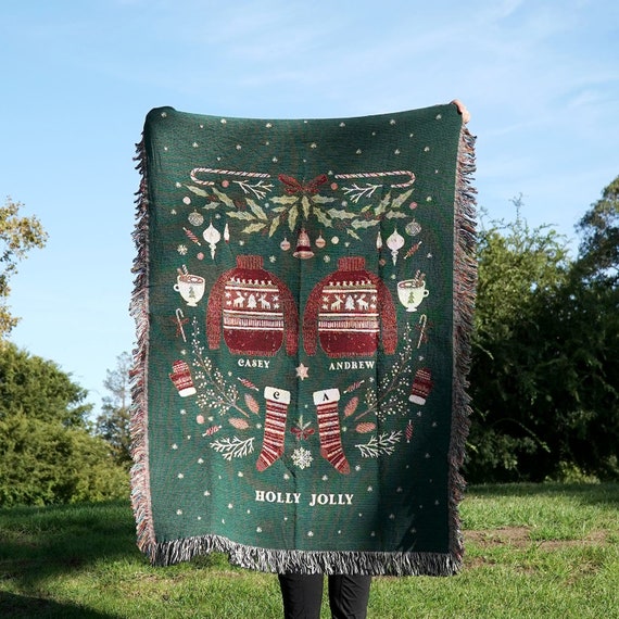 Personalized Christmas Sweater Couple Woven Blanket Cute Custom Couple Christmas Home Decor Personalized Throw Blanket With Names & Initials