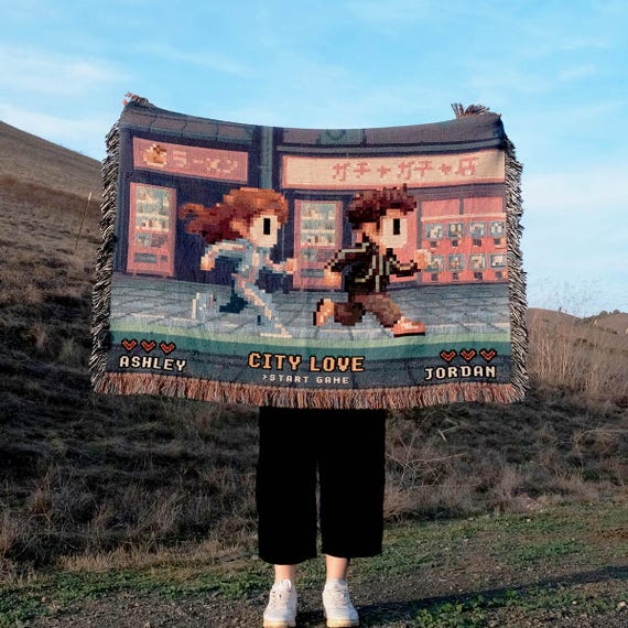 Personalized Japanese Retro 8-bit Gaming Couple Woven Blanket