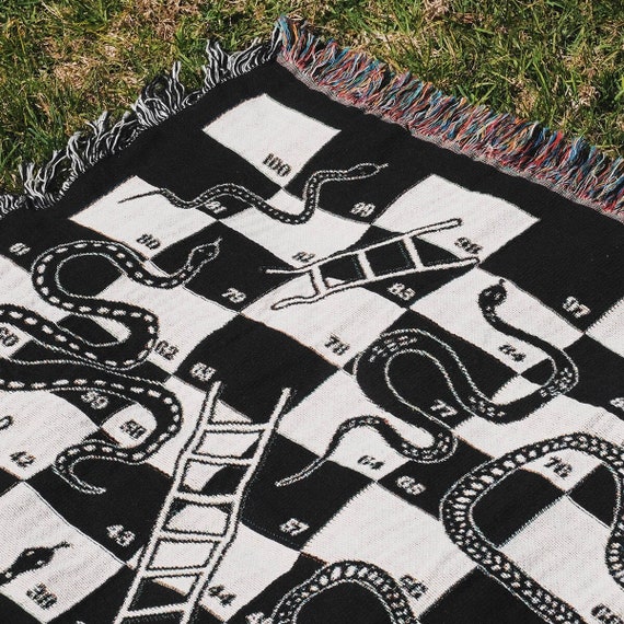 Snake And Ladder Jacquard Woven Throw Blanket Board Game Gifts Home Decor Checkered Pattern Gift for Board Game Lover Black and White