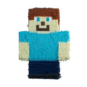 There is a whack minecraft pinata inspired by Steve minecraft video game. It has brown hair, eyes, nose and mouth and has a trap door behind where you can fill with candy