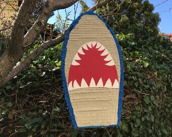 Surfboard Pinata with shark jaws for Summer Parties, Jawsome Surfer Birthdays, Shark Lovers Pinata