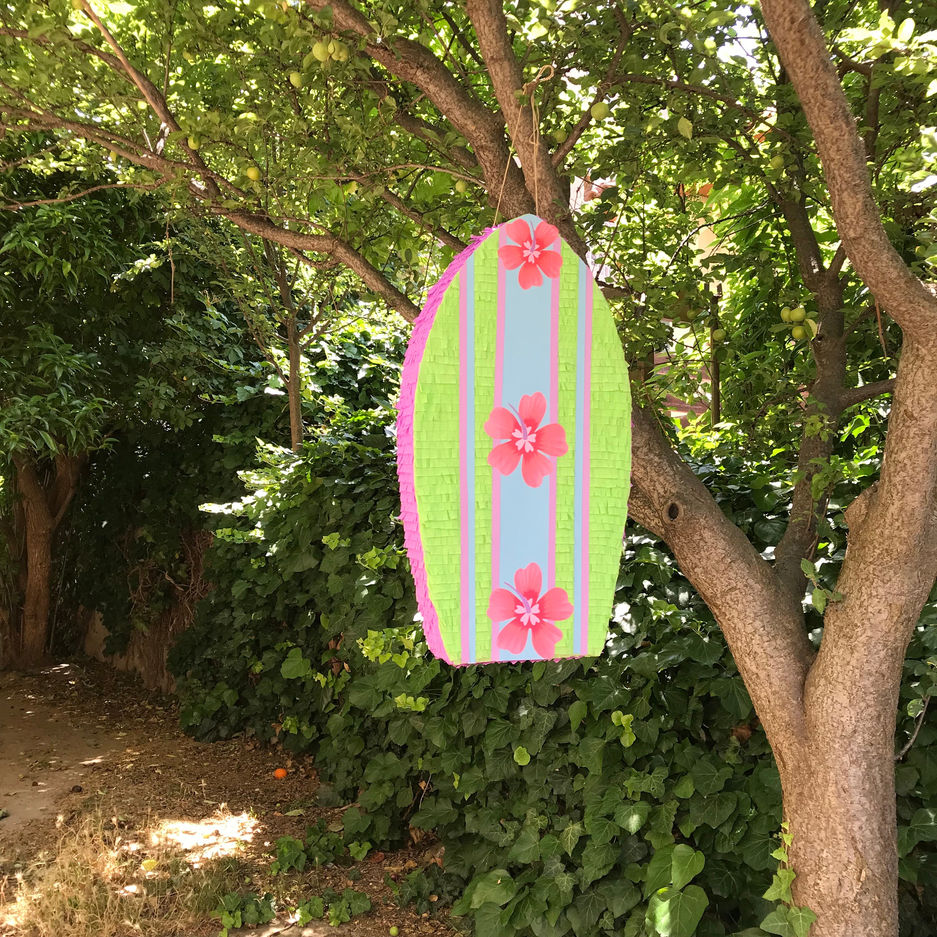 Surfboard Pinata With Hibiscus for Tropical Parties, Surfer