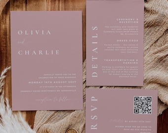 Dusty Rose Wedding Invitation Suite Printable, Pink Wedding Decor Instant Download, Editable Template Invitation Set
