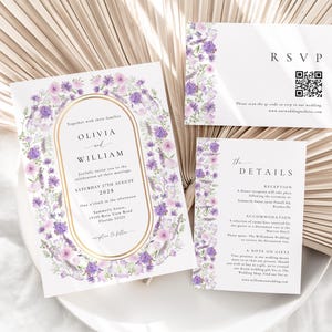 Puede incluir: Juego de invitaciones de boda con un diseño floral en tonos morados y lavanda. La invitación incluye los nombres Olivia y William, la fecha, la hora y el lugar. También se incluyen tarjetas de confirmación de asistencia y detalles.