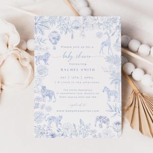 Blue Toile Baby Shower Invitation: Safari Animals, Chinoiserie Design (Digital Download