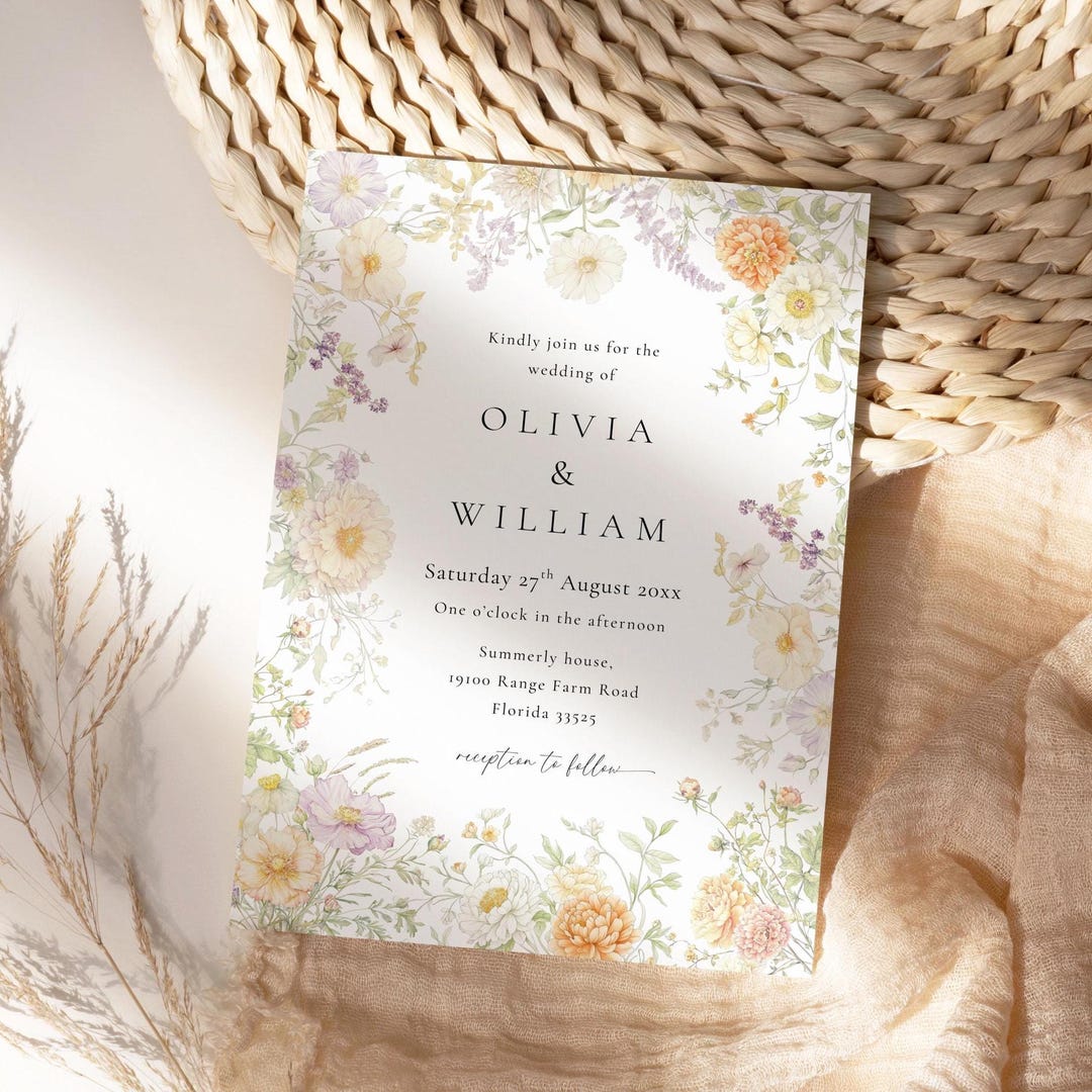 Cottage Core Wedding Invitation Template, Wildflower Wedding Invitation ...