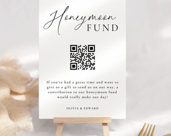 Letrero minimalista para el fondo de luna de miel: Código QR para bodas modernas (Plantilla de Canva, descarga instantánea)