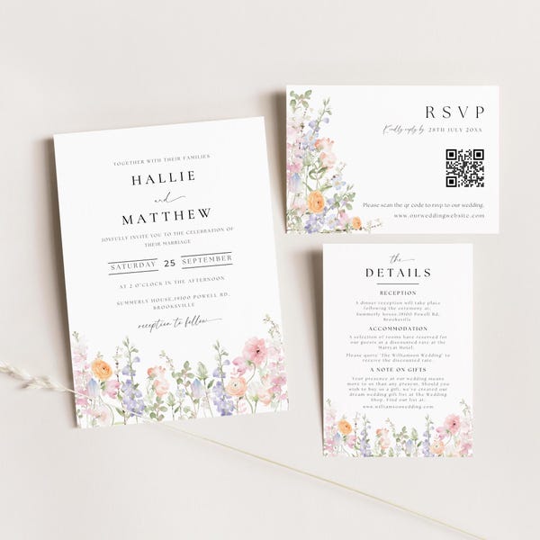 Conjunto de invitaciones de boda con flores silvestres, invitación floral de acuarela con código QR, papelería de boda suave y elegante, conjunto de invitaciones modernas