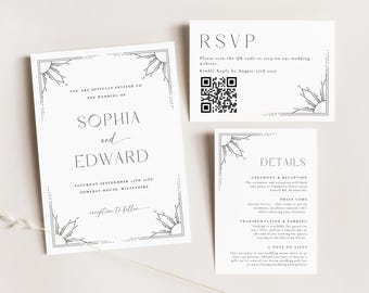 Art Deco Wedding Suite, Elegant Editable Invitations, Vintage Stationery, Great Gatsby Inspired Design, Minimalist Wedding Set #MLAD1