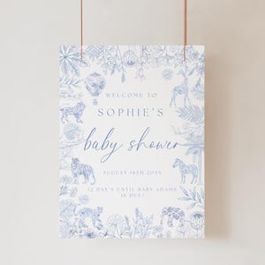 Convite para chá de bebê com tema de safári azul empoeirado floral - Placa de boas-vindas para chá de bebê azul editável Toile De Jouy Balão de ar quente para chá de bebê safári