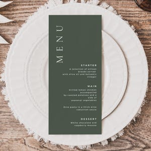 Olive Green Wedding Menu, Editable Rustic Template, Printable Dinner Card, Custom Wedding Stationery Rustic Wedding Decor #MLDG1