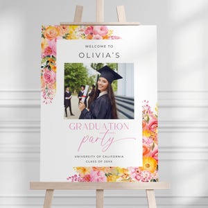 Pink and Orange Floral Graduation Sign, Photo Graduation Sign Colorful, Graduation Party Decor Printable, Digital Download Celebration Sign