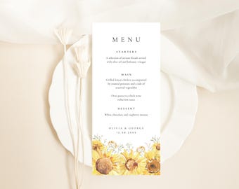 Sonnenblumen Hochzeitsmenü Vorlage: Botanisches Design (Digitaler Download)