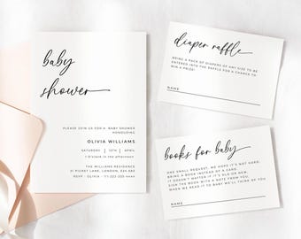 May include: Baby shower stationery set. The main invitation card reads "baby shower" in cursive script. Accompanying cards request diapers and books. The cards are white with black text, featuring a minimalist design.