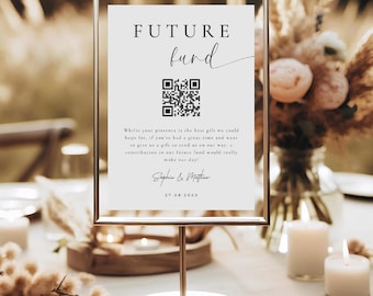 May include: A white sign with a black frame and a black and white QR code. The sign reads "FUTURE fund" and includes the text "Whilst your presence is the best gift we could hope for, if you've had a great time and want to give us a gift to send us on our way, a contribution to our future fund would really make our day!" The sign is signed "Sophie & Matthew" and dated "27.08.20XX".