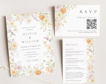 May include: Wedding invitation suite featuring floral designs in soft yellow, peach, and lavender hues. The suite includes an invitation, RSVP card with a QR code, and details card. The text includes the names Olivia & William, date, time, and location.
