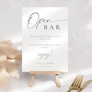 Open Bar Sign Template, Minimalist Wedding Sign Printable, Modern Drinks On Us Sign, Free Drinks Reception Sign Editable Template MLAC