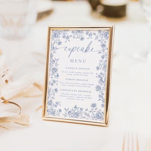 Placa de casamento Cupcake Menu Blue Toile Menu de sobremesas Blue Toile De Jouy Placa de mesa de cupcake Chinoiserie Modelo de casamento Download instantâneo Placa
