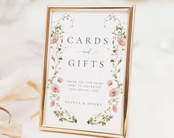 Pink Cards and Gifts Sign Printable, Wildflower Cards and Gifts Table Sign Digital Download, Floral Wedding Editable Template, ISLA