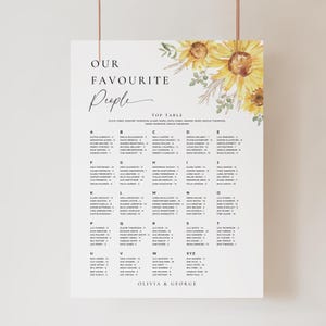 Puede incluir: Un plano de asientos de boda blanco con las palabras "Our Favourite People" y una lista de nombres. El gráfico está decorado con girasoles amarillos y vegetación. Los nombres están organizados alfabéticamente.