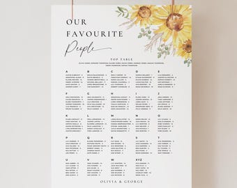 Plano de mesas para boda con girasoles (plantilla imprimible y editable), letrero floral para la mesa "Nuestras personas favoritas", tablero de mesas floral grande #MLSC1