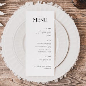 Plantilla de menú de boda minimalista, plantilla imprimible, menú elegante para cena de boda, menú de mesa larga, ML45
