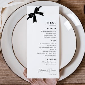 Hochzeitsmenü Schwarz Bogen Hochzeitsmenü Monochrome Hochzeitsmenü Platzkarte Schwarz Weiß Bearbeitbare Vorlage Empfang Essteller Karte