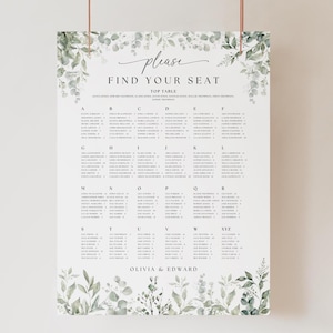 Greenery Wedding Seating Chart Template, Large Find Your Seat Poster Eucalyptus, Instant Download Seating Plan Printable #MLEC1