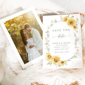 May include: A wedding stationery set comprising a photograph of a couple and a 'Save the Date' card. The card features a floral design with sunflowers and the text 'Save the Date', along with the names 'Sophie & Henry'. The photograph shows a couple embracing.