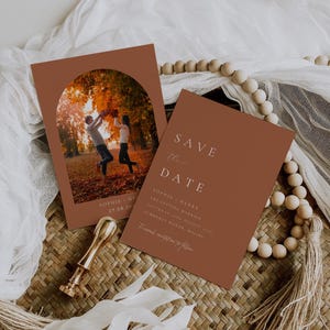 Cartes de réservation pour l'automne - faire-part de mariage automne rustiques - personnalisables - modifiables modèle de réservation de mariage d'automne - canva modifiable