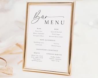 Minimalist Wedding Bar Menu Sign Template, Modern Wedding Stationary Printable, Signature Cocktails Sign, Canva Template Instant Download